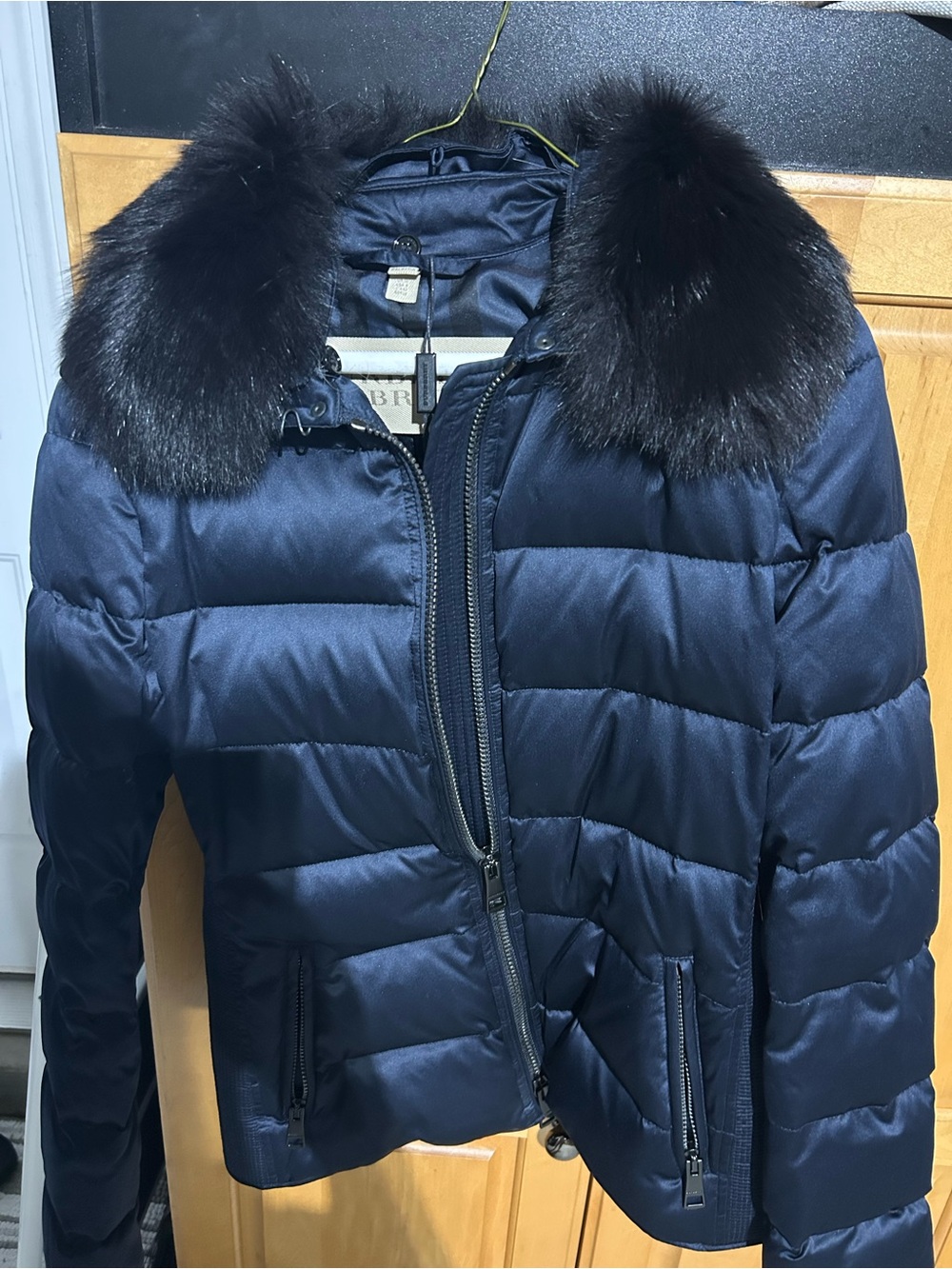 Burberry Navy Quilted Puffer Jacket with Dark Fur Collar